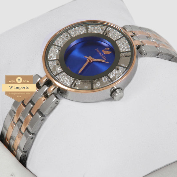 Latest Collection Two Tone Chain RoseGold & Silver Stone Bezel With Blue Dial Ladies Watch