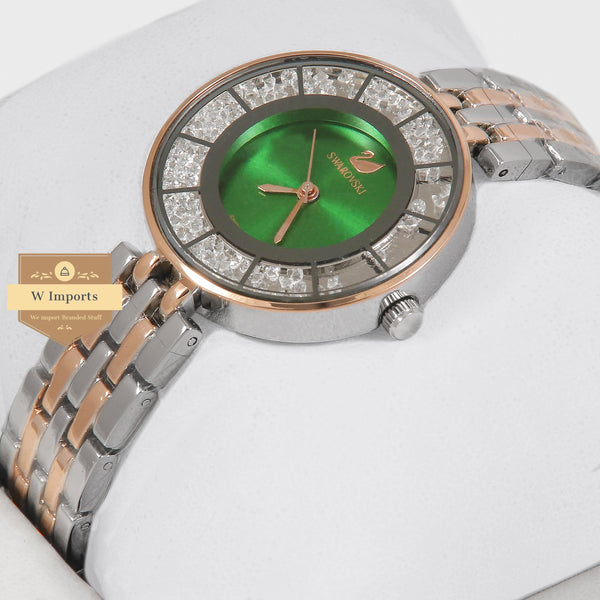 Latest Collection Two Tone Rose Gold & Silver Stone Bezel With Green Dial Ladies Watch