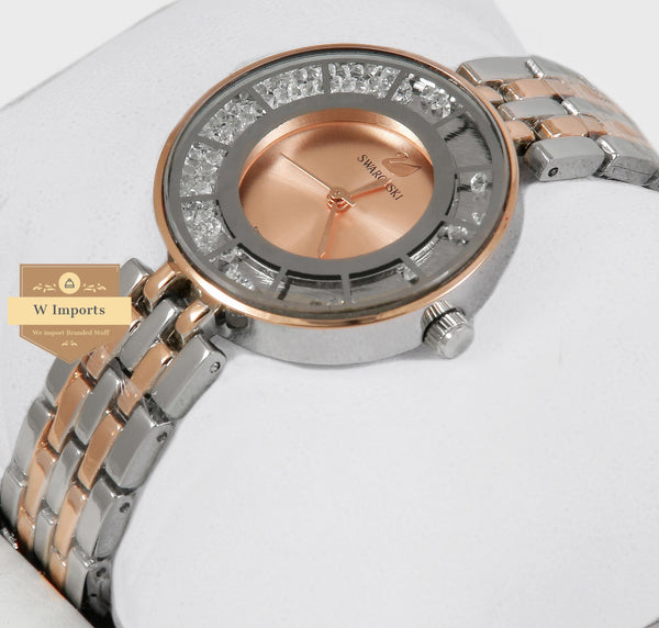 Latest Collection Two Tone Rose Gold & Silver Stone Bezel With Peach Dial Ladies Watch