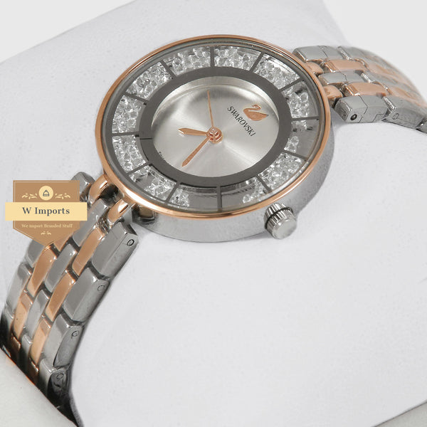 Latest Collection Two Tone Rose Gold & Silver Stone Bezel With Grey Dial Ladies Watch