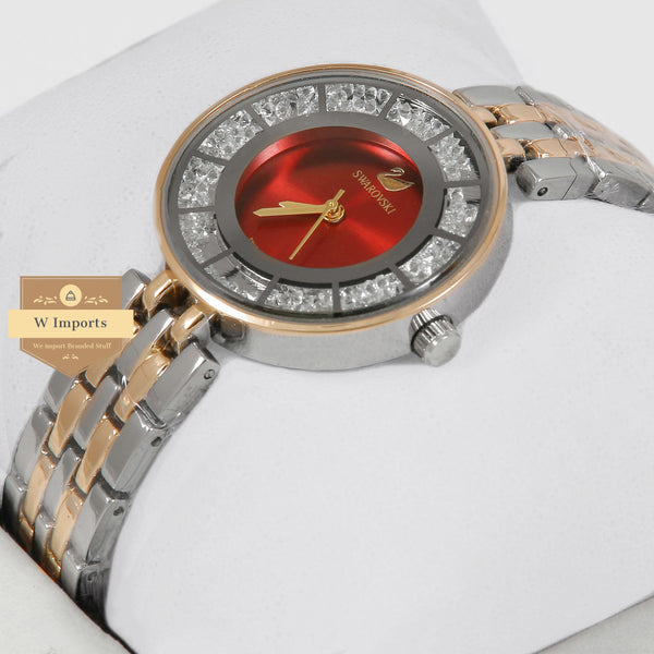 oos Latest Collection Two Tone Yellow Gold & Silver Stone Bezel With Red Dial Ladies Watch