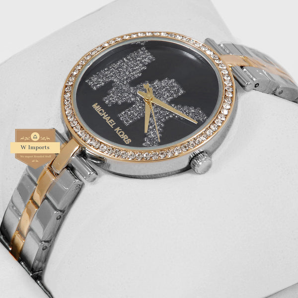 Latest Collection Two Tone Yellow Gold & Silver With Black Dial & Stone Bezel Ladies Watch