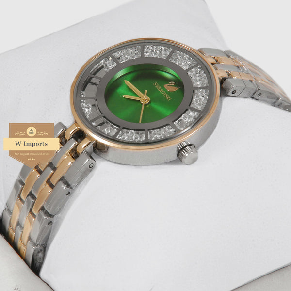 Latest Collection Two Tone Yellow Gold & Silver Stone Bezel With Green Dial Ladies Watch