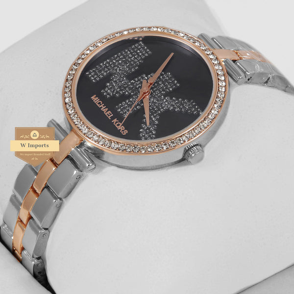 Latest Collection Two Tone Rose Gold & Silver With Black Dial & Stone Bezel Ladies Watch