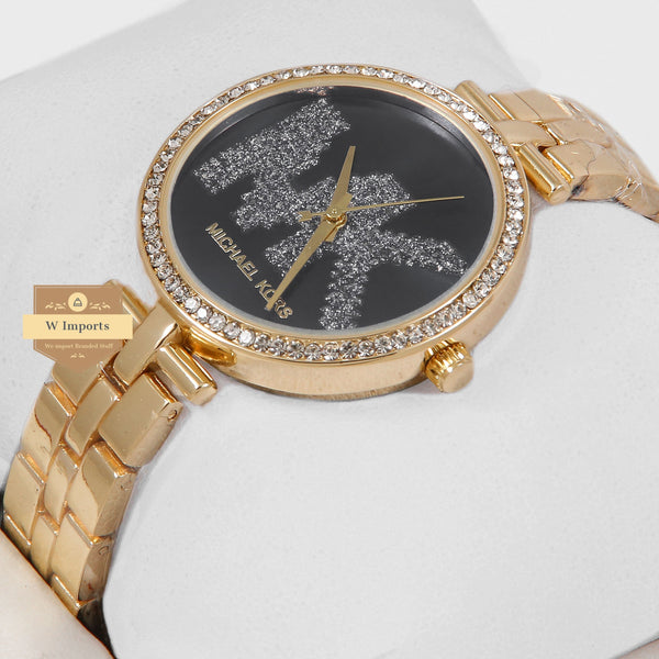 OOS Latest Collection Yellow Gold With Black Dial & Stone Bezel Ladies Watch