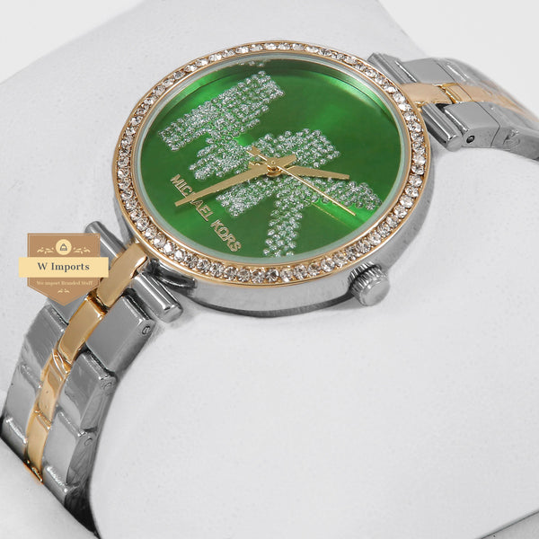 Latest Collection Two Tone Yellow Gold & Silver With Green Dial & Stone Bezel Ladies Watch