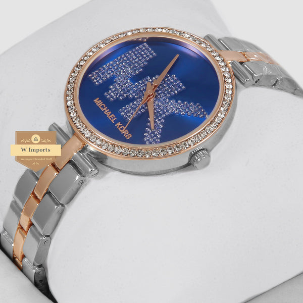 Latest Collection Two Tone Rose Gold & Silver With Blue Dial & Stone Bezel Ladies Watch