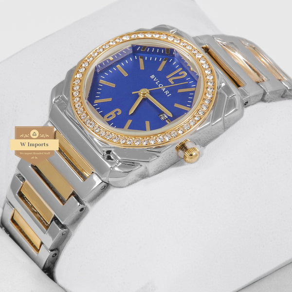 Latest Collection Two Tone Yellow Gold With Blue Dial Stone Bezel Ladies Watch