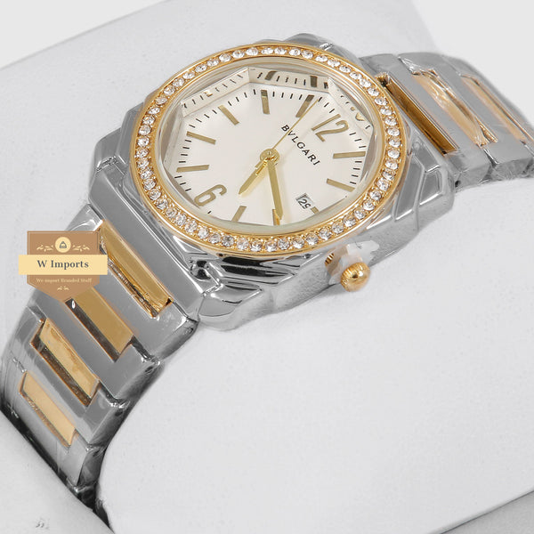 oos Latest Collection Two Tone Yellow Gold With White Dial Stone Bezel Ladies Watch