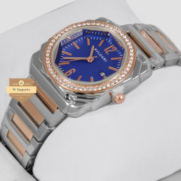 Latest Collection Two Tone Rose Gold With Blue Dial Stone Bezel Ladies Watch