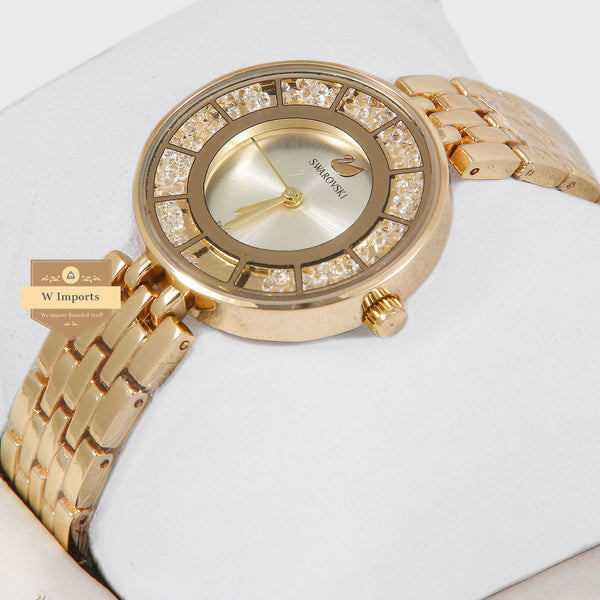 oos Latest Collection Yellow Gold Chain Stone Bezel With Silver Dial Ladies Watch