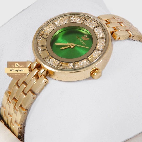 oos Latest Collection Yellow Gold Chain Stone Bezel With Green Dial Ladies Watch