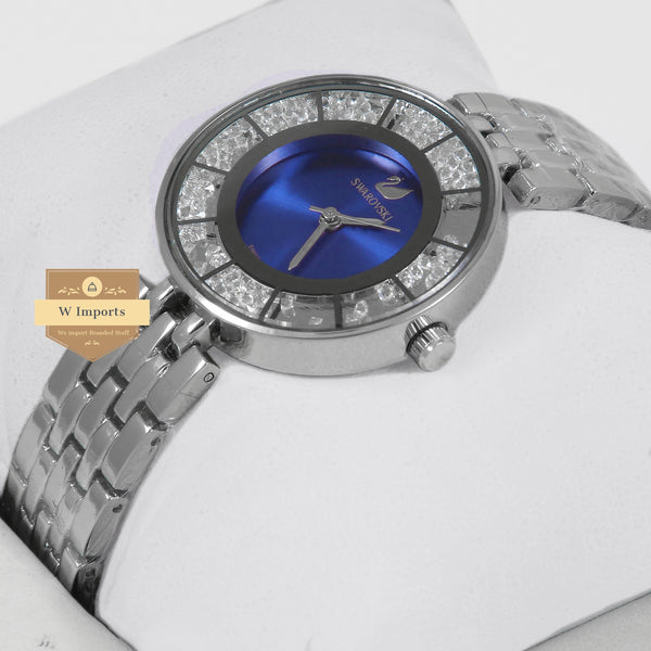Latest Collection Silver Chain Stone Bezel With Blue Dial Ladies Watch