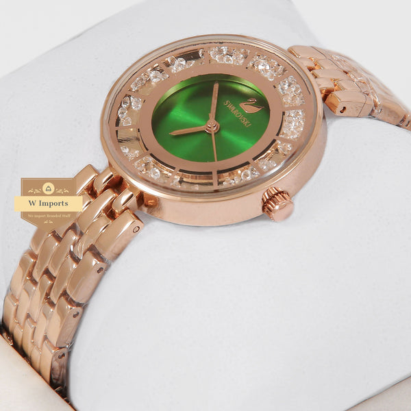 Latest Collection All Rose Gold Stone Bezel With Green Dial Ladies Watch