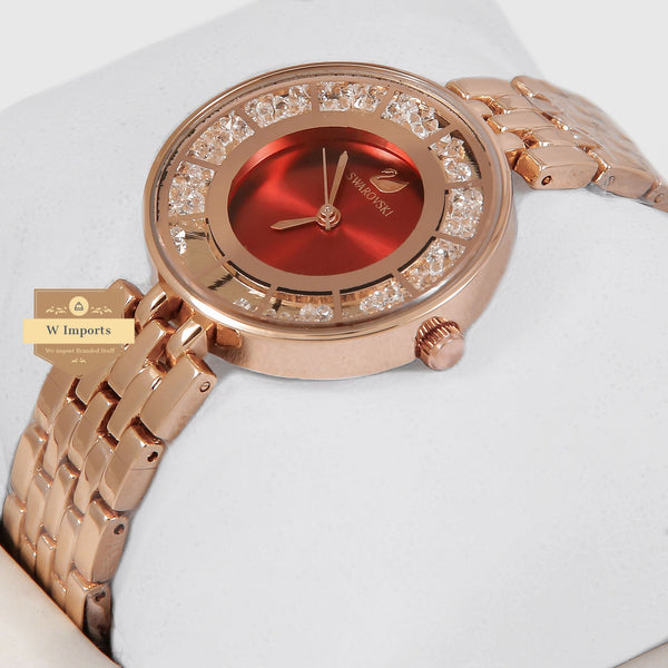Latest Collection All Rose Gold Stone Bezel With Red Dial Ladies Watch