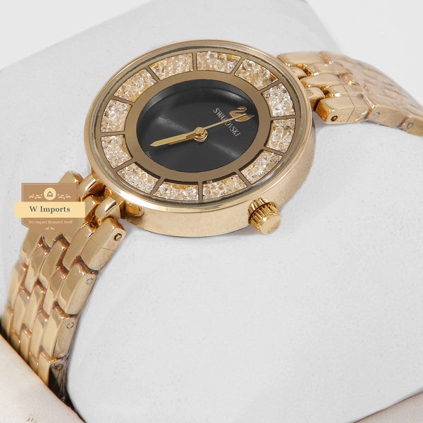 Latest Collection All Yellow Gold Stone Bezel With Black Dial Ladies Watch