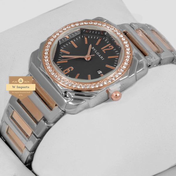 oos Latest Collection Two Tone Rose Gold With Black Dial Stone Bezel Ladies Watch