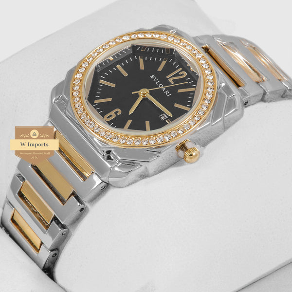 Latest Collection Two Tone Yellow Gold With Black Dial Stone Bezel Ladies Watch