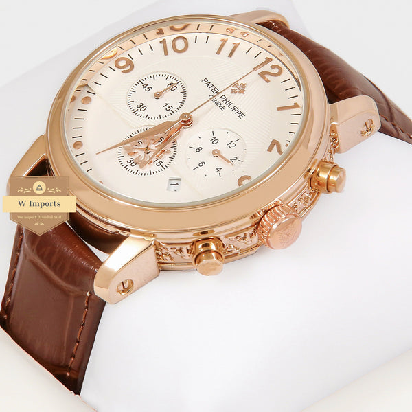 OOS Latest Collection Rose Gold Case With White Dial & Brown Leather Strap Watch