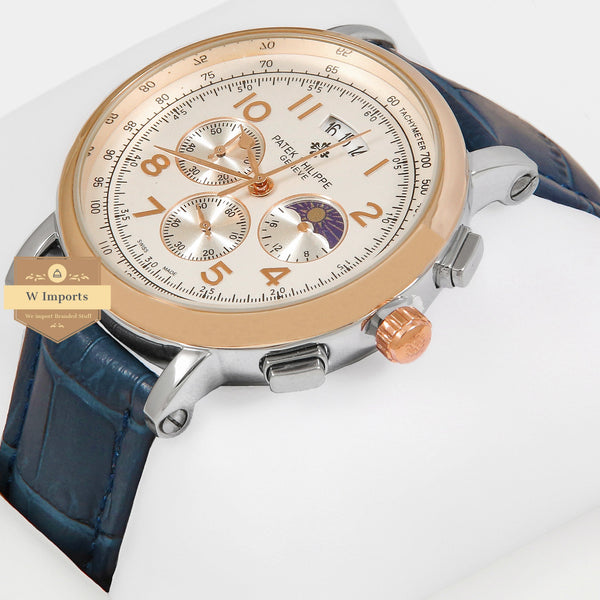 Latest Collection Chronograph Rose Gold & Silver Case And White Dial With Blue Leather Strap