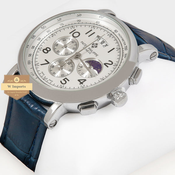 Latest Collection Chronograph  Silver Case With White Dial & Blue Leather Strap