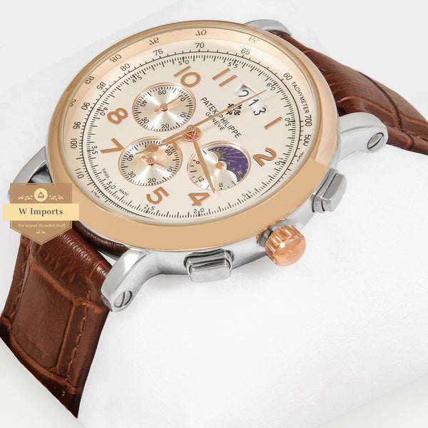 oos Latest Collection Chronograph Rose Gold & Silver Case And White Dial With Brown Leather Strap