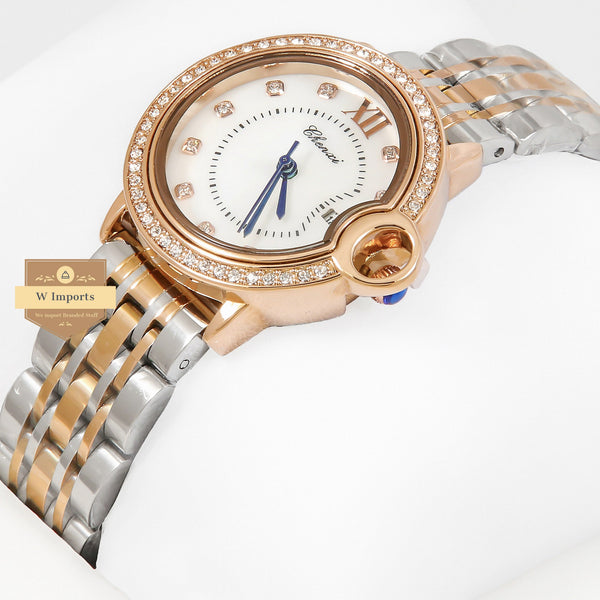 Latest Collection Chenxi Baloon Bleu Two Tone Rose Gold & Silver With White Dial & Stone Bezel Ladies Watch