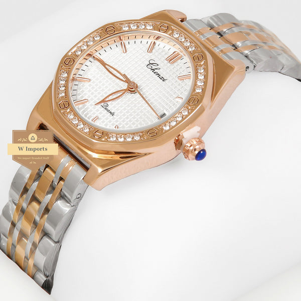 Latest Collection Chenxi Two Tone Rose Gold With White Dial & Stone Bezel Ladies Watch