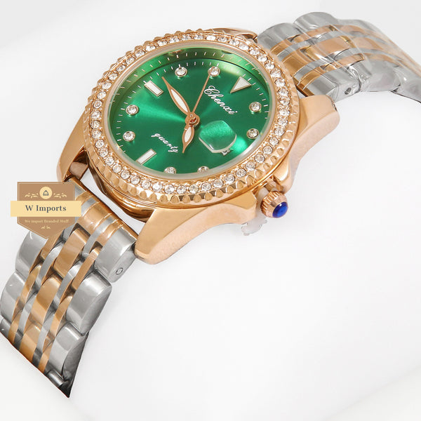 Latest Collection Chenxi Two Tone Rose Gold With Green Dial & Stone Bezel Ladies Watch