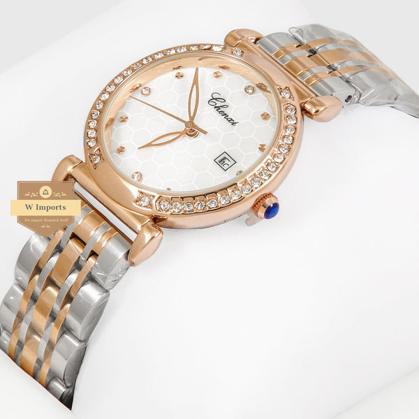Latest Collection Chenxi Two Tone Rose Gold With White Dial & Stone Bezel Ladies Watch