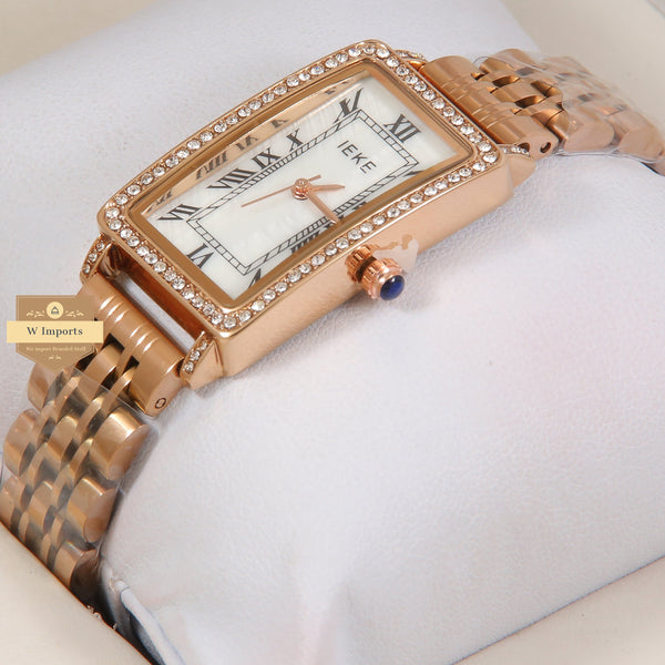 Latest Collection IEKI Rose Gold With White Dial & Stone Bezel Ladies Watch