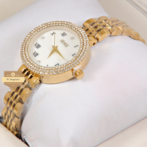Latest Collection IEKI Yellow Gold With White Dial & Stone Bezel Ladies Watch