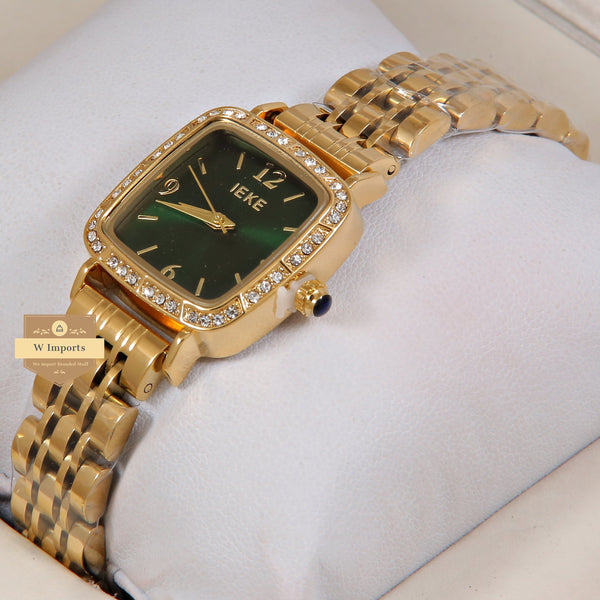 Latest Collection IEKI Yellow Gold With Green Dial & Stone Bezel Ladies Watch