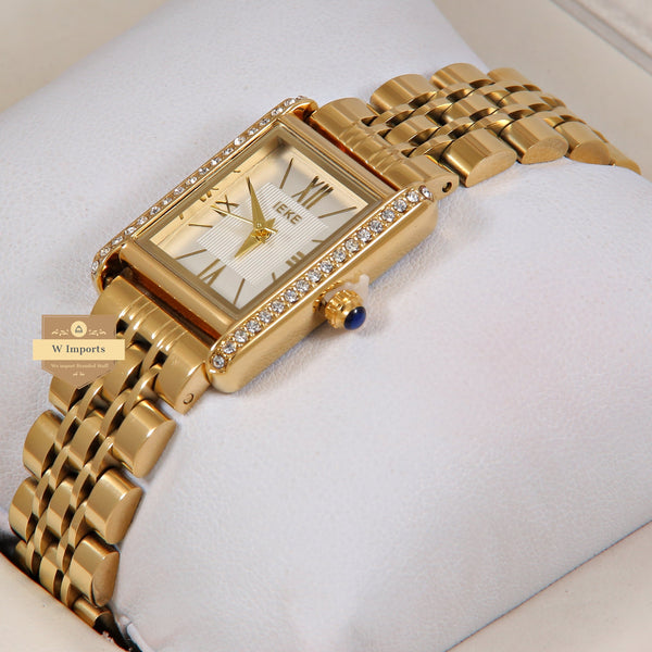 Latest Collection IEKI Yellow Gold With Silver Dial & Stone Bezel Ladies Watch