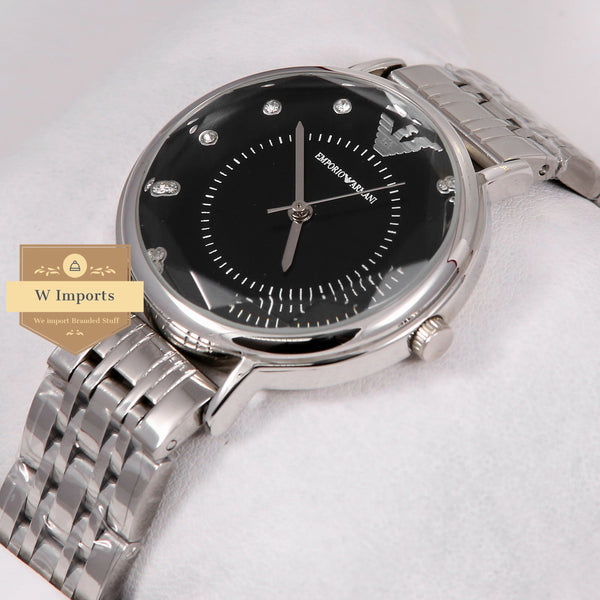 LATEST COLLECTION ALL SILVER STAINLESS STEEL MOTHER OF PEARL BLACK DIAL LADIES WATCH