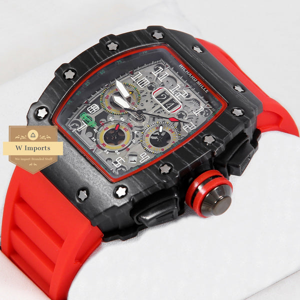 Latest Collection Chronograph Black Case With Grey Skeleton Dial & Red Rubber Strap