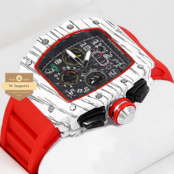 Latest Collection Chronograph White Camouflage Case With Black Skeleton Dial & Red Rubber Strap