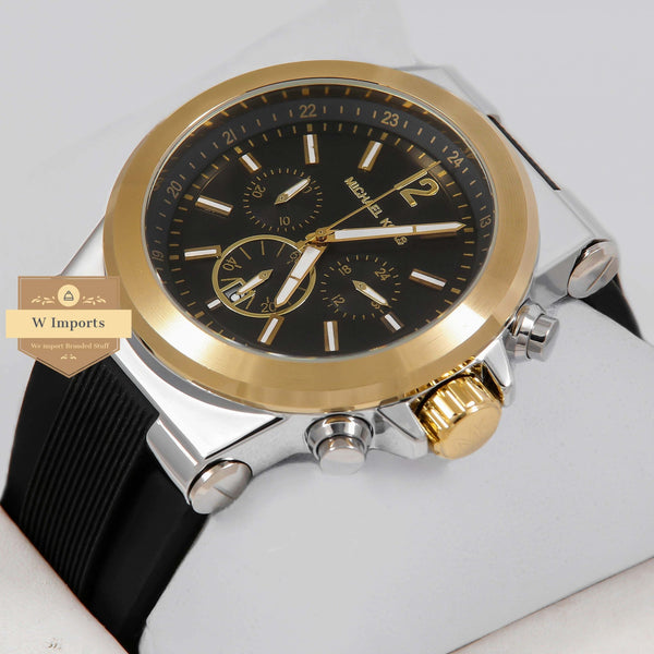 Latest Collection Chronograph Two Tone Yellow Gold Case With Black Dial & Rubber Strap