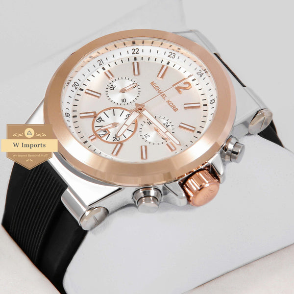 Latest Collection Chronograph Two Tone Rose Gold Case With White Dial & Black Rubber Strap