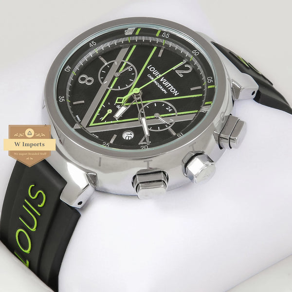 Latest Collection Chronograph Silver Case With Black & Green Dial & Rubber Strap