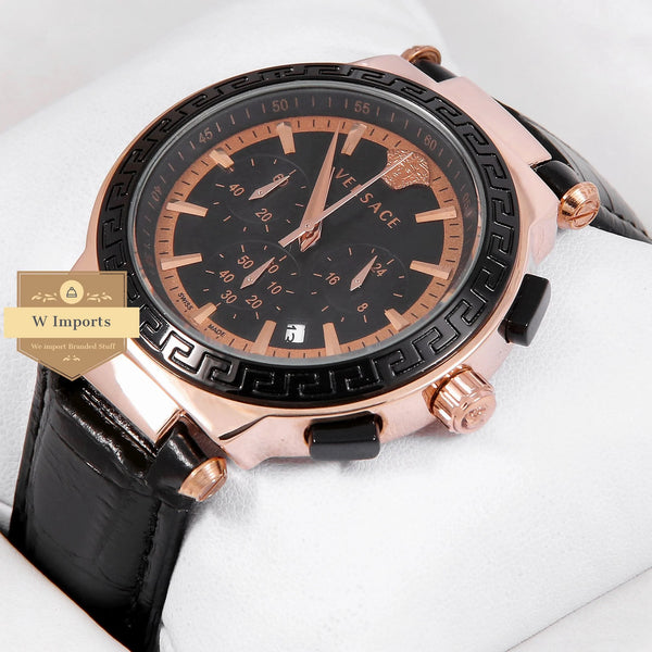 Latest Collection Rose Gold & Black Case With Black Dial & Leather Strap